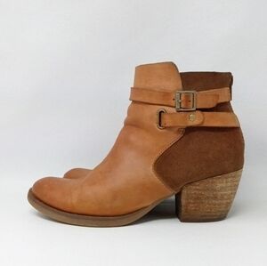 Korks Reynosa Tan Leather Suede Heeled Bootie Ankle Boot Zipper Closure